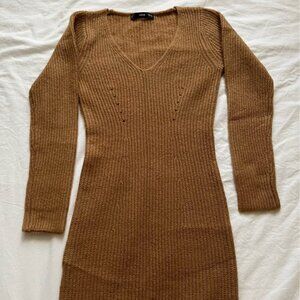 Mango Wool Dress – Camel – Size XS – Fitted, Long Sleeve, V-Neck